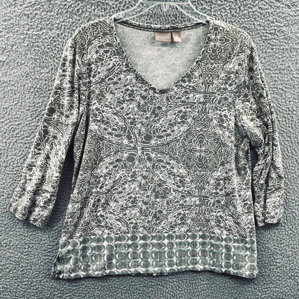 Chicos Womens Boho Top L Floral Stretch Knit Casual Artsy Relaxed Lightweight‎